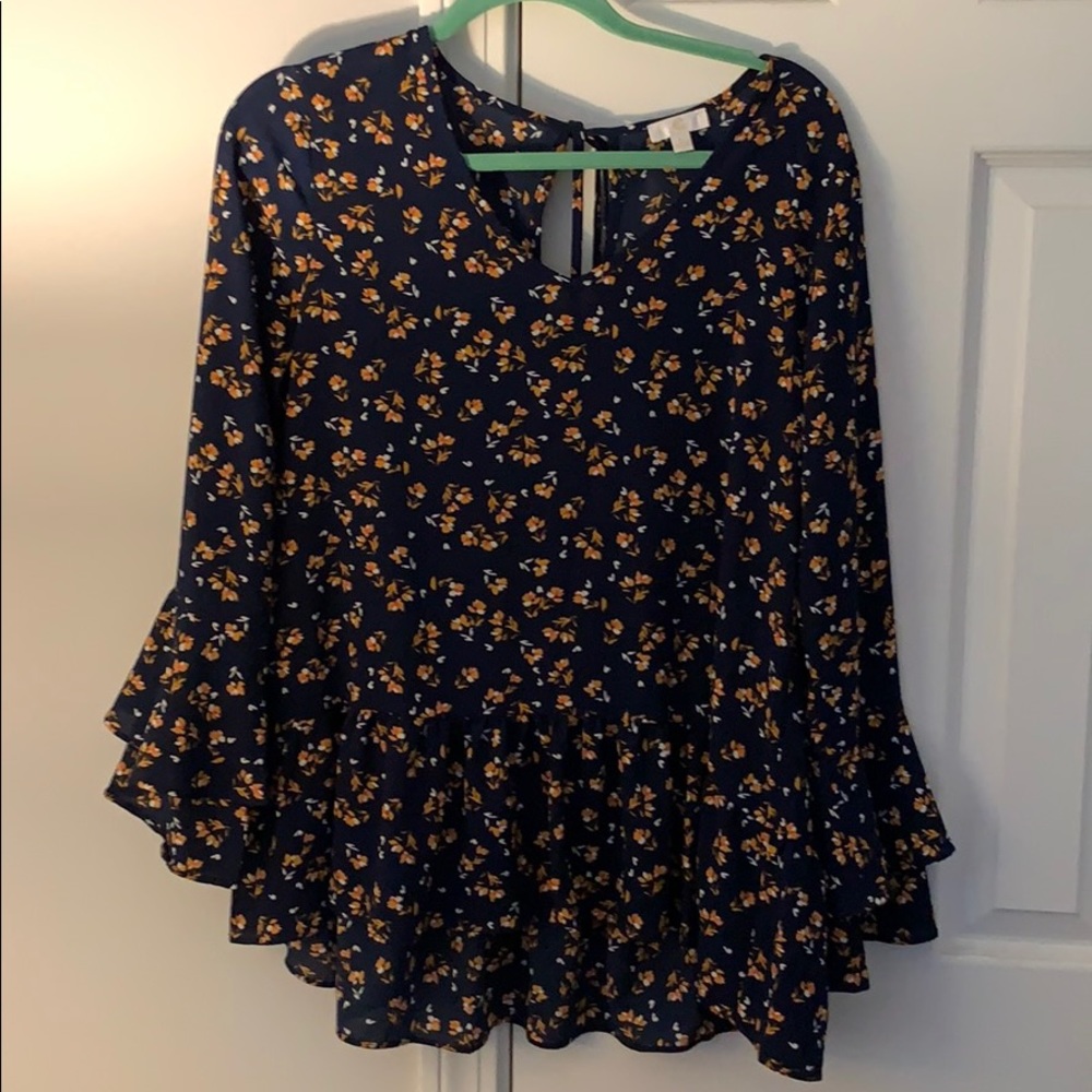 Navy Blue and yellow floral blouse